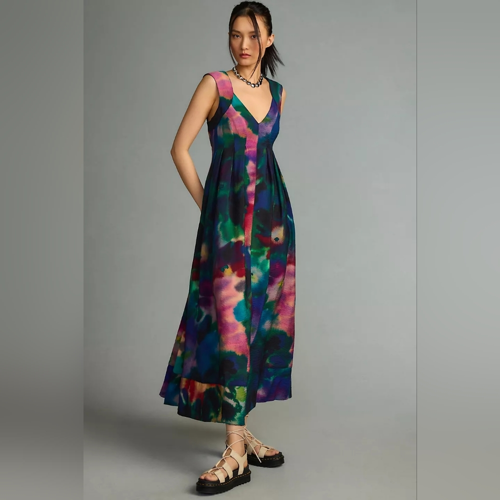 ANTHROPOLOGIE PRINTED V-NECK PLEATED A-LINE DRESS size M